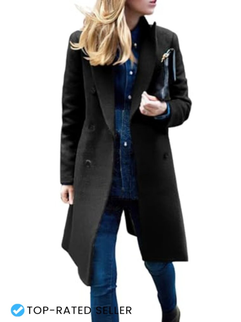Slim Fit Wool Blend Double Breasted Notch Lapel Midi Pea Coat